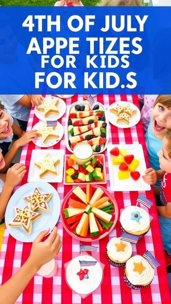 Kid-friendly 4th of July appetizers including star sandwiches, fruit skewers, veggie sticks, and cupcakes on a festive table.